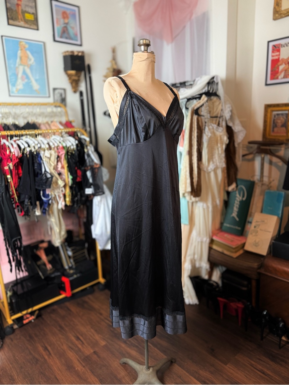 Vintage Early 1970’s Black Slip Chemise with Lace Trim Goth Lingerie Sleepwear